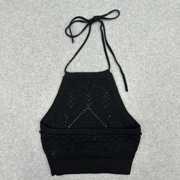 Hunter & Brown Halter Crop Top S Black Crochet Knit Backless Adjustable Tie-Back - Picture 5 of 11